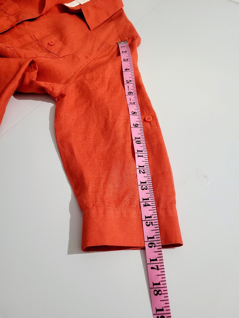 Chico's 100% Linen Tunic Shirt Petite Size 8/10 Orange Button Front Roll Tab Top - Picture 10 of 11